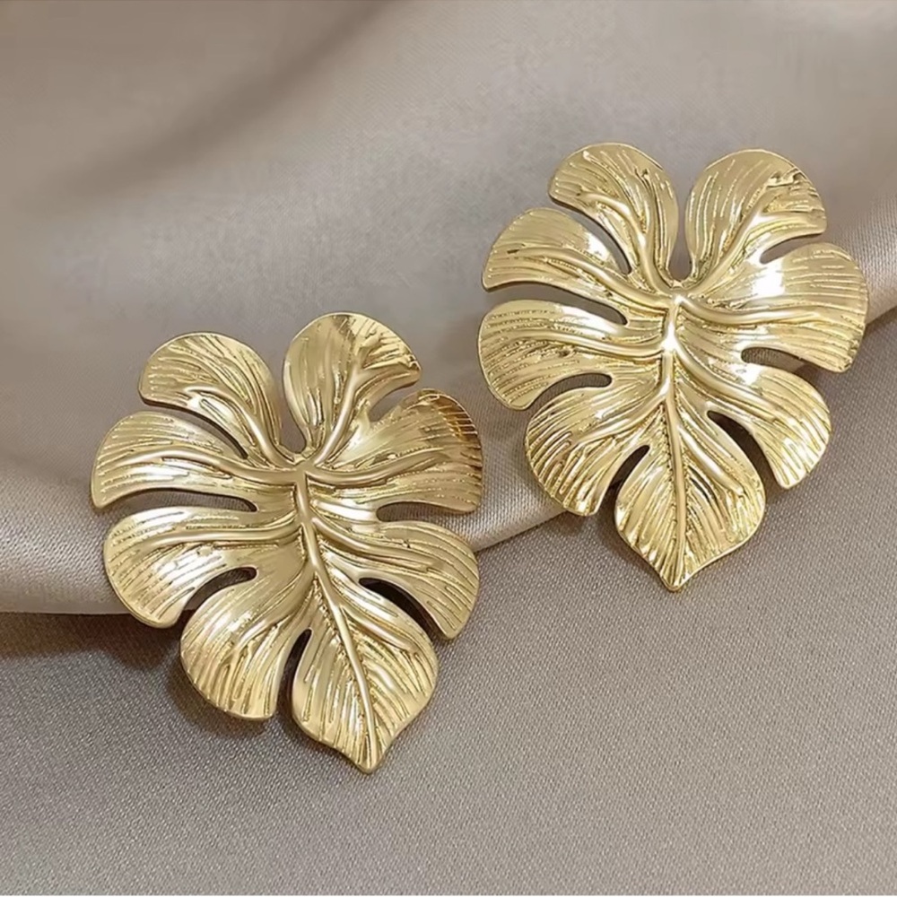 Gold Monstera Leaf Statement Earrings - image 2